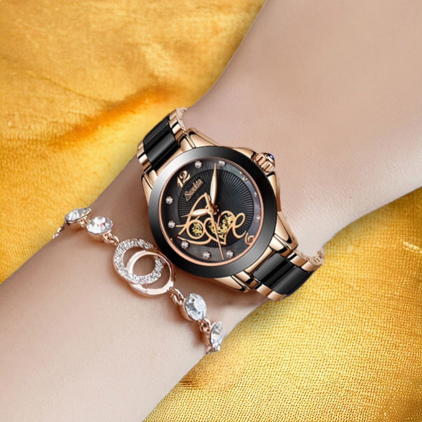 Montre Femme Bracelet Acier Noire Rose Or - "Delia"