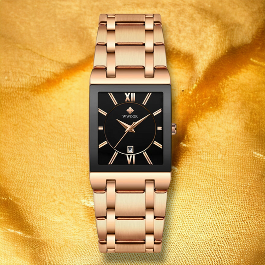 Montre femme rectangulaire en acier Rose Or noir - "Adriana"