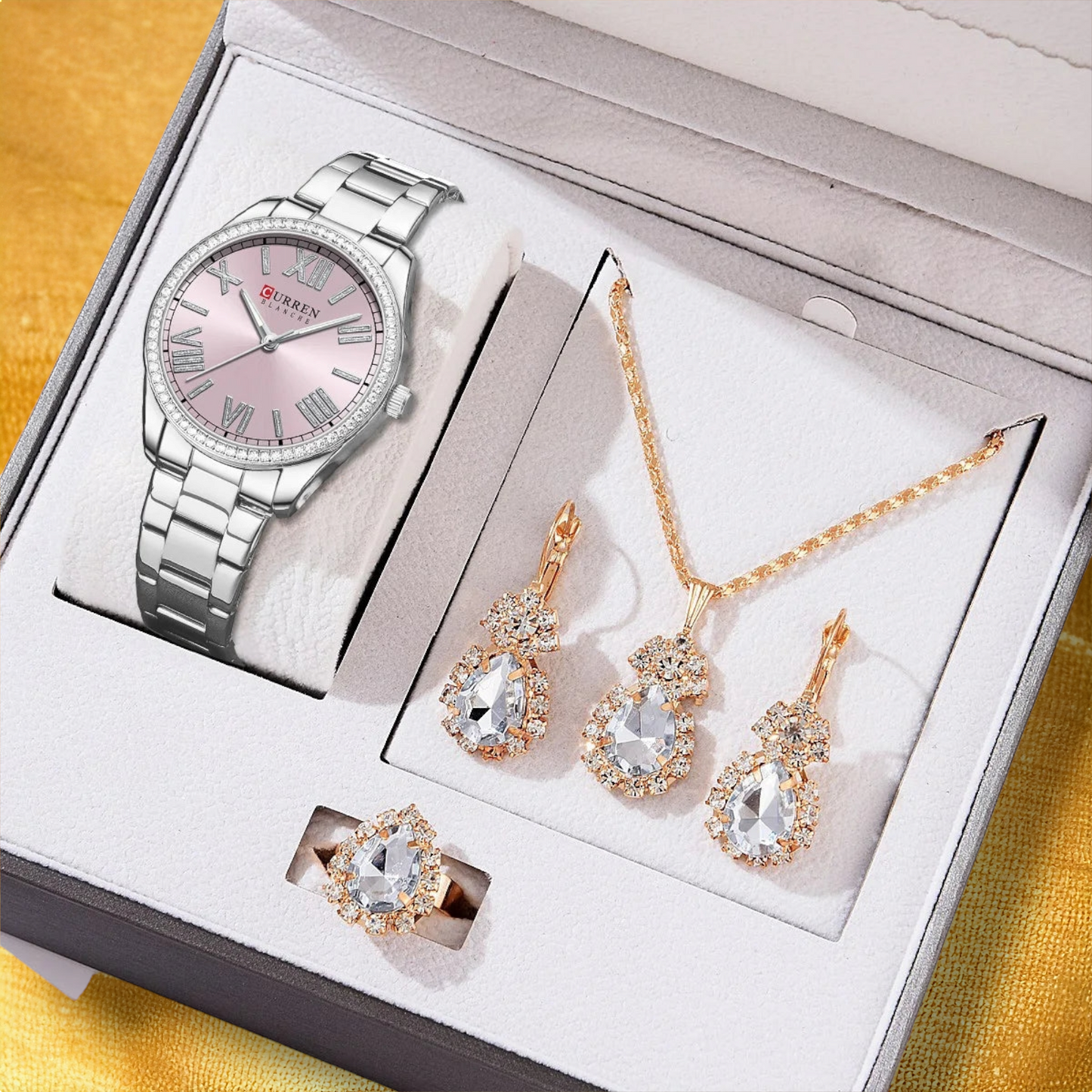 Coffret Montre Femme Argenté Rose - "Freya"