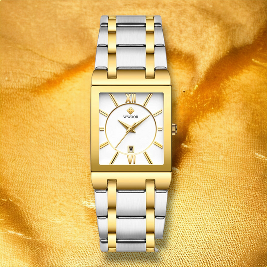 Montre femme rectangulaire acier doré et argent avec cadran blanc - "Alessia"