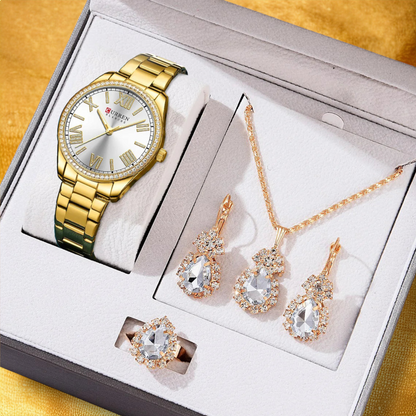 Coffret Montre Femme Diamant Dorée Blanche - "Celina"