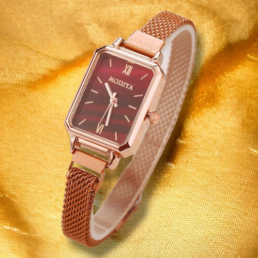 Montre carrée pour femme en maille d'acier rouge - "Diana"