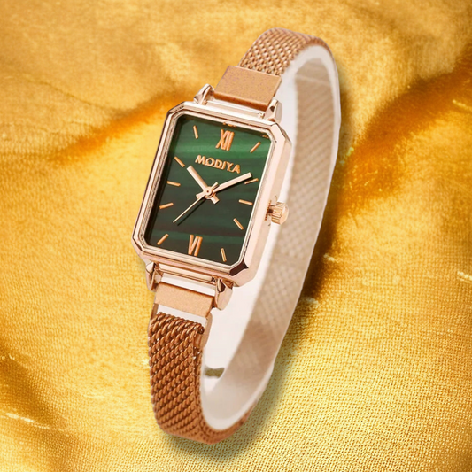 Montre carré femme en maille d'acier vert - "Delina"